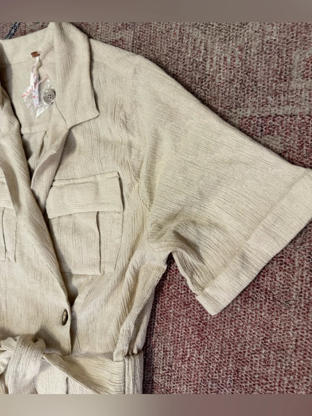Free people clementine crepe wrap belted mini dress in cream medium NWT